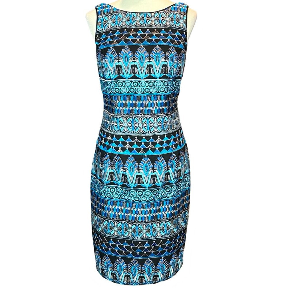 EUC WHBM dress sz 8 m medium black blue embroidery sheath silver zipper lined